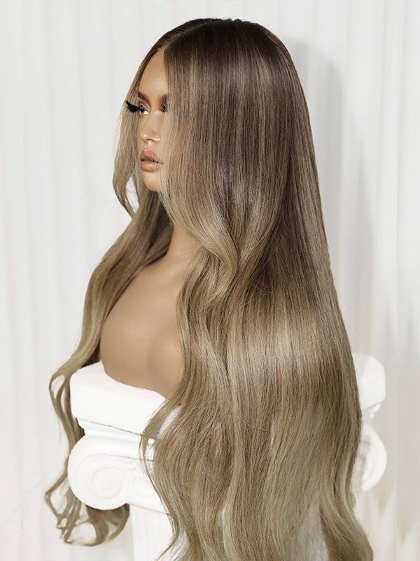 brown wig with blonde highlights and seamless blend