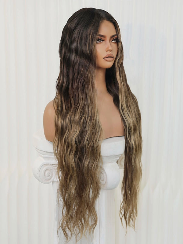 Honey brown long wig featuring soft wet and wavy movement