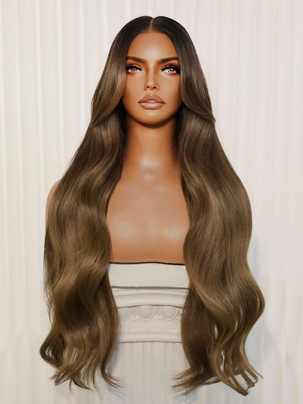 Sophisticated chocolate brown wig with long warm caramel balayage hair