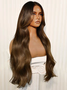 Human hair balayage wig in chestnut brown with classic blowout