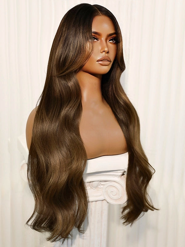 Human hair balayage wig in chestnut brown with classic blowout