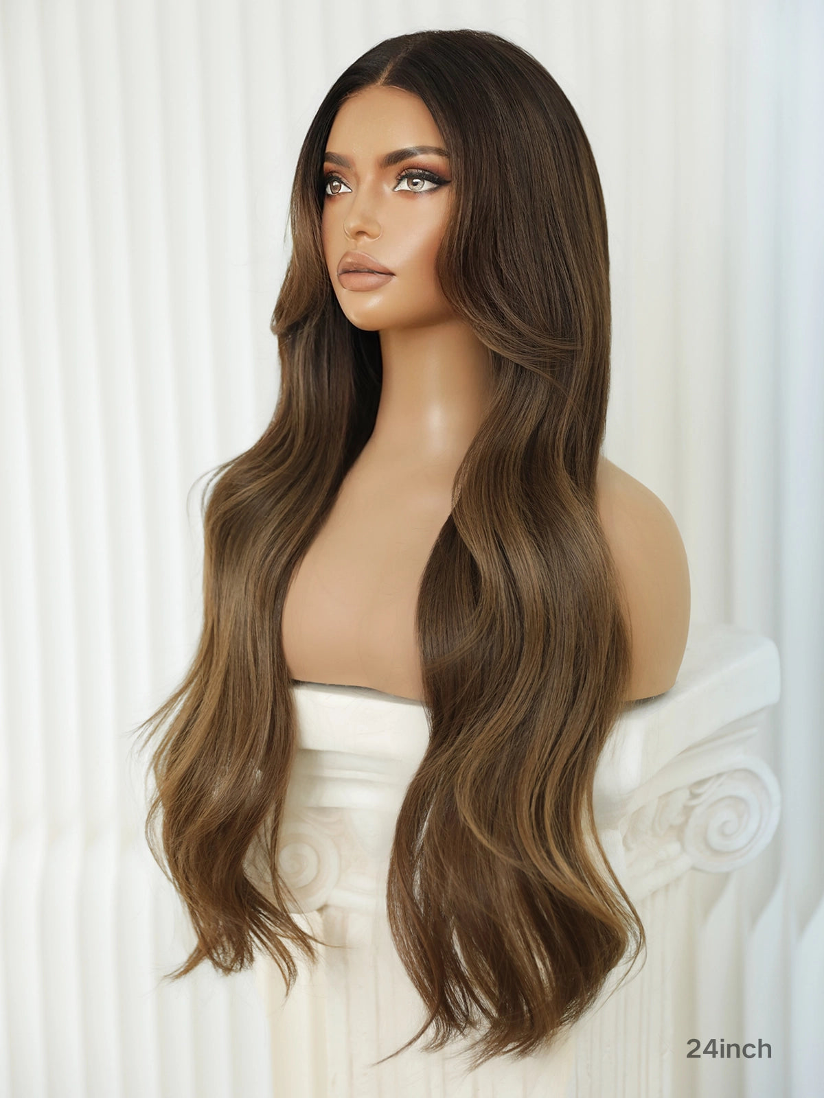 Human hair balayage wig in chestnut brown with classic blowout