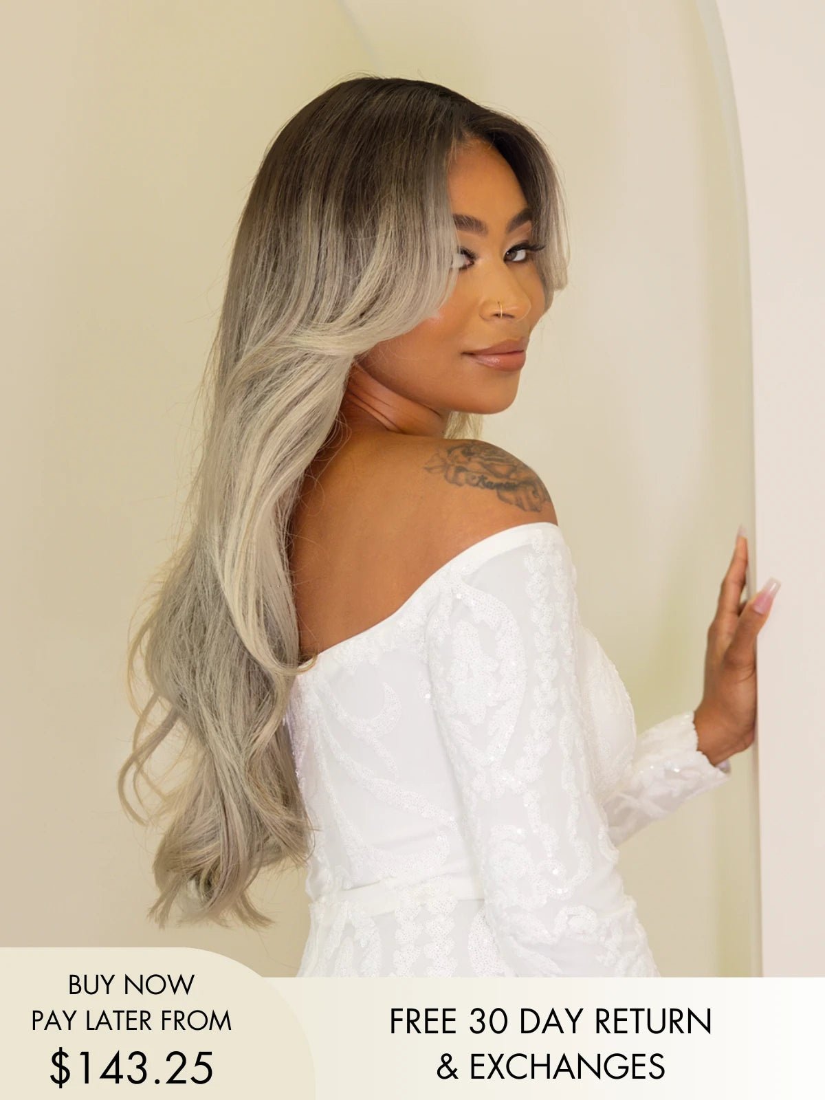 Elle ash blonde wig with bangs and balayage curtain style