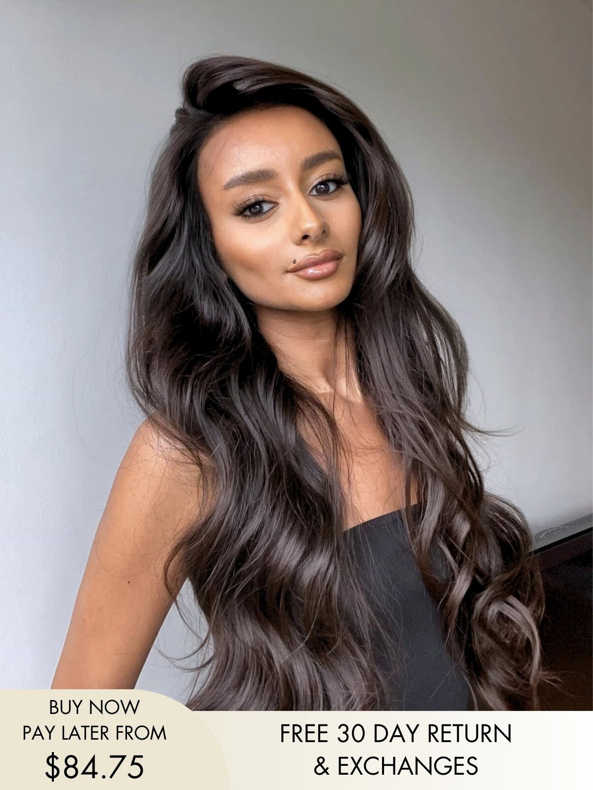 Victoria long black hair with bangs wig and soft waves