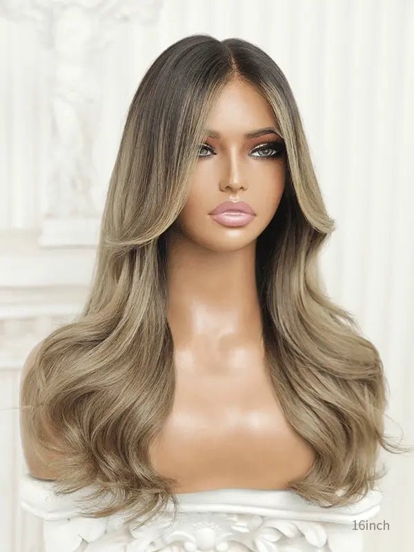 Brown wig with blonde highlights and multidimensional layers