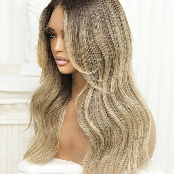 Blonde hair wig with dark roots inspired by 90s glam