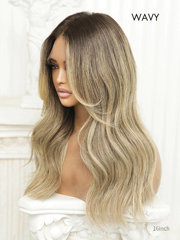 Blonde hair wig with dark roots inspired by 90s glam