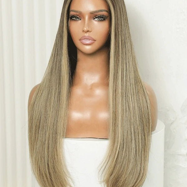 Long human wig blonde with soft beige tones