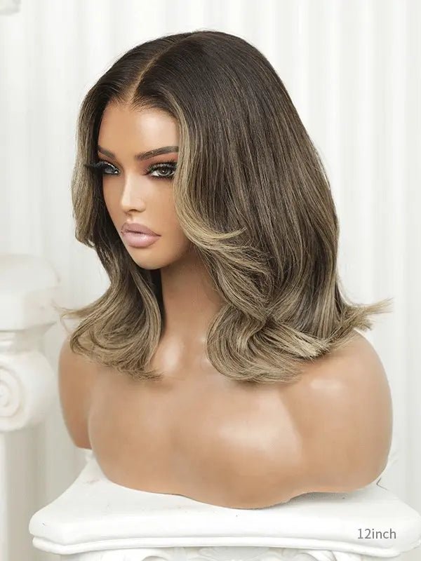 Bang bob wigs with natural balayage highlights