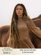 Brown and blonde ombre wig with glossy wet and wavy texture