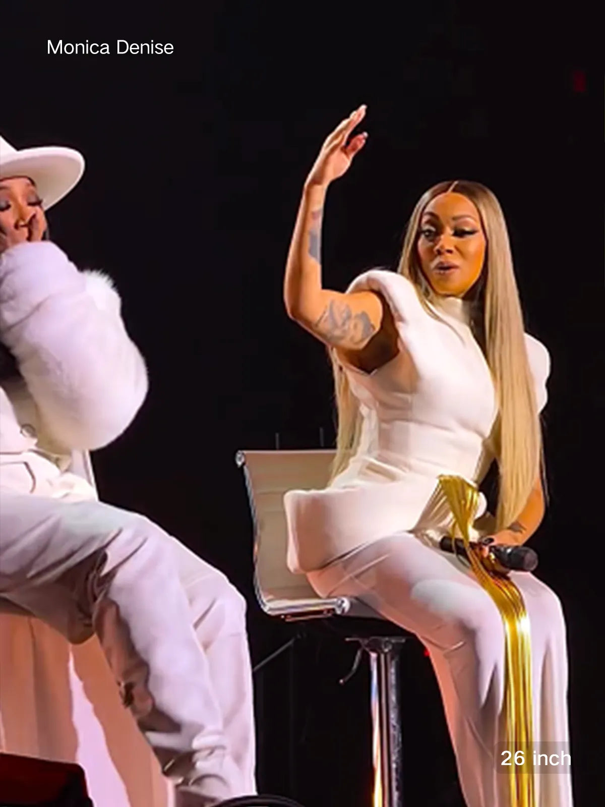 Woman with long hair brown and blonde wig with soft balayage