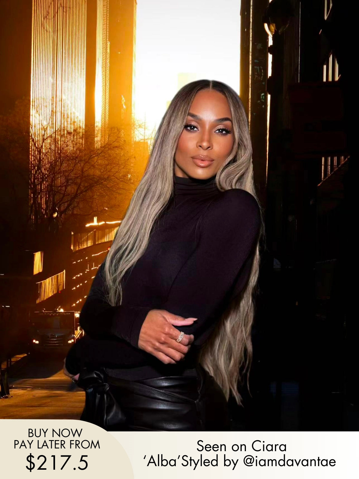 Woman with long hair brown and blonde wig with soft balayage