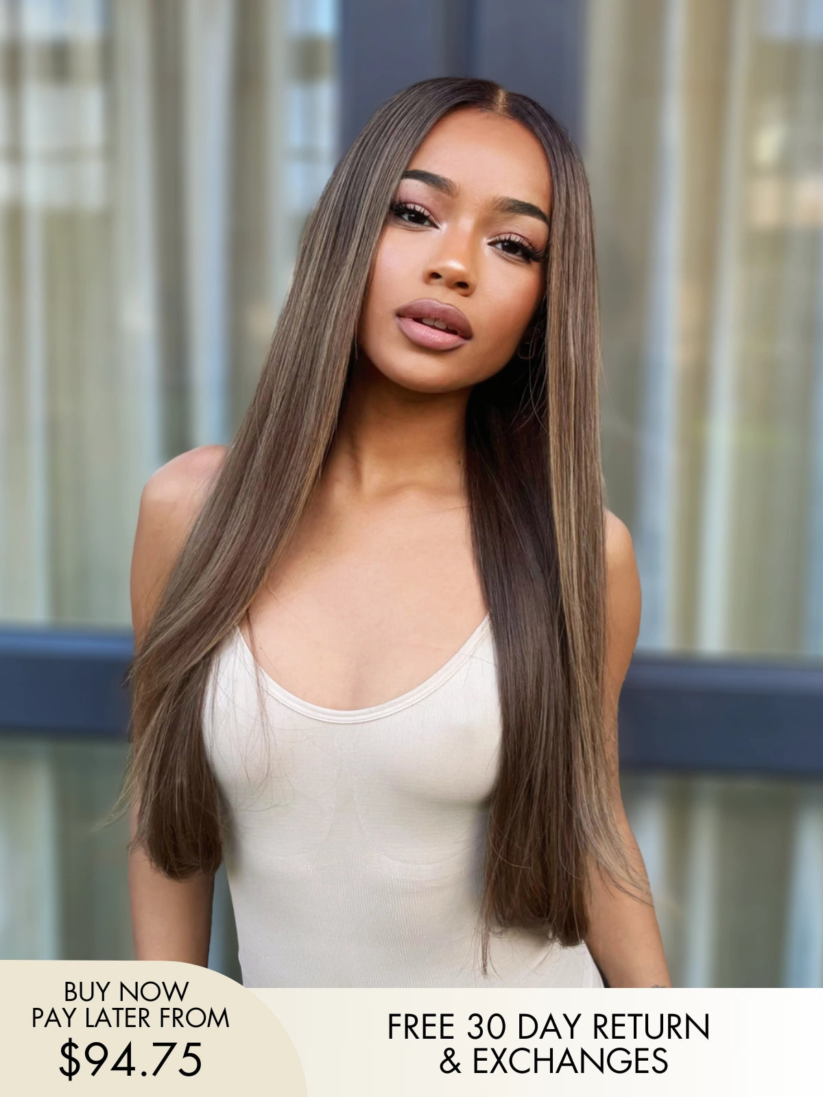 Maire long brown wig with blonde highlights