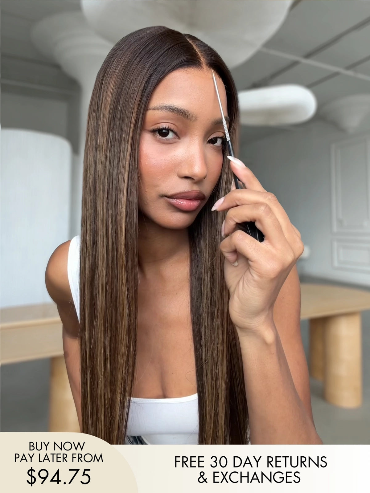 Maire long brown wig with blonde highlights