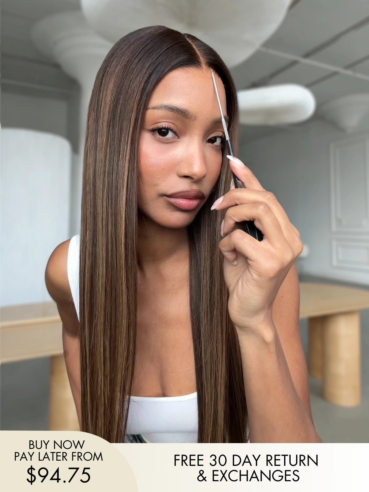 Maire long brown wig with blonde highlights