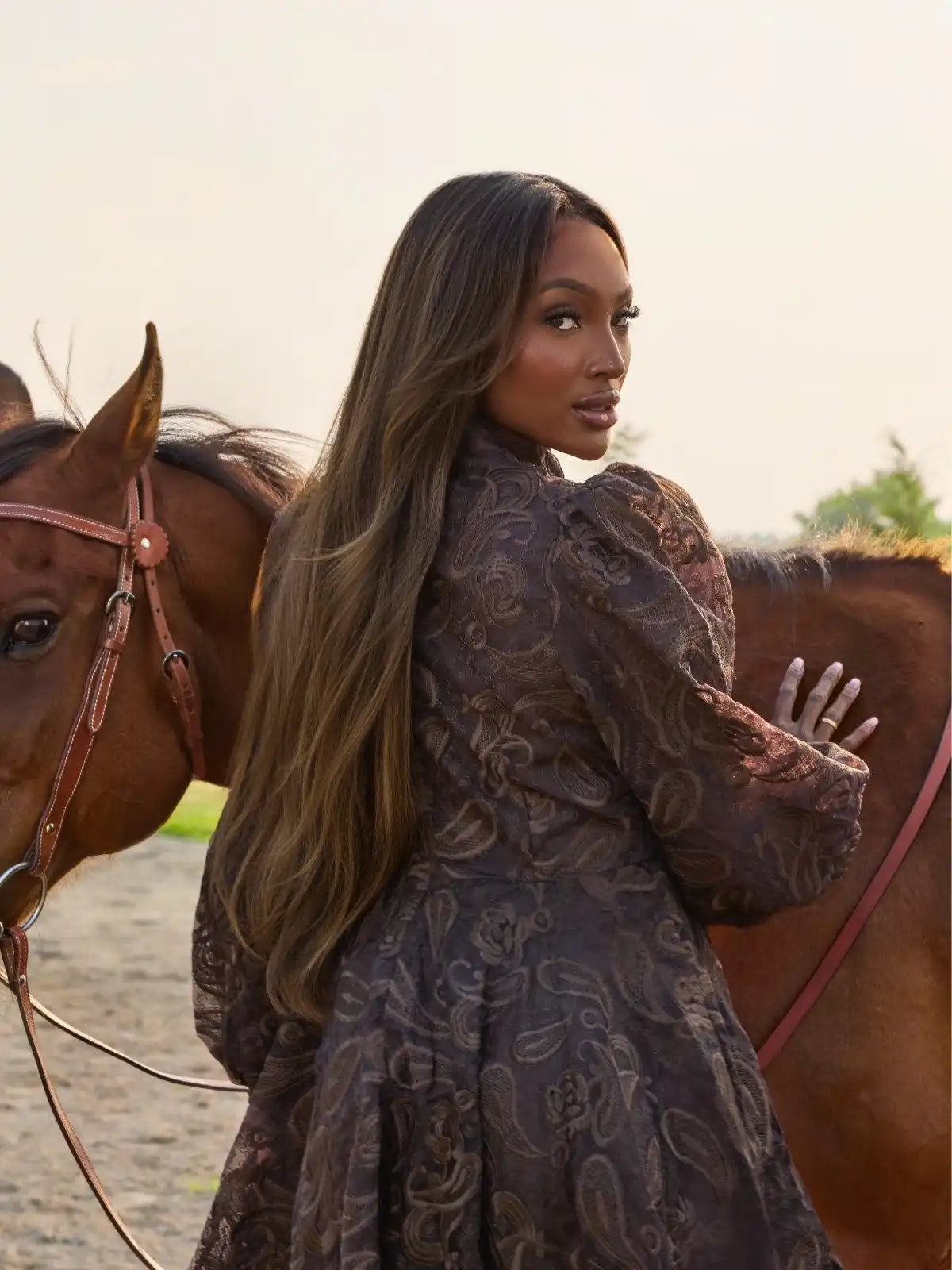 Chocolate brown wig styled with soft balayage highlights