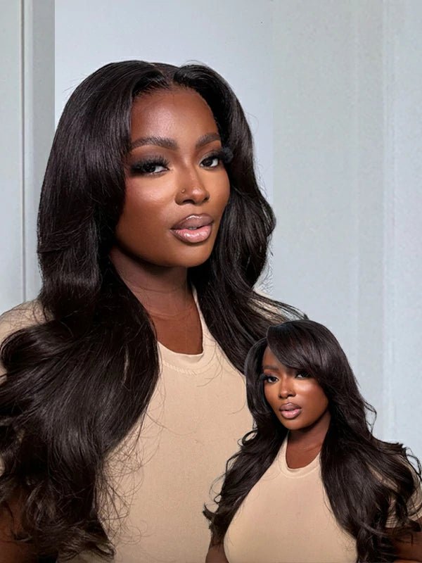 Black human hair wig with bangs and versatile styling