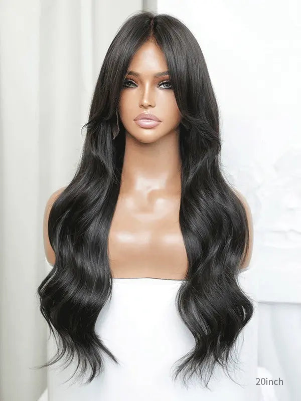 Human hair wig with bangs in natural black color