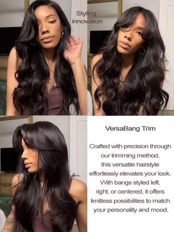 Human hair wig with bangs in natural black color