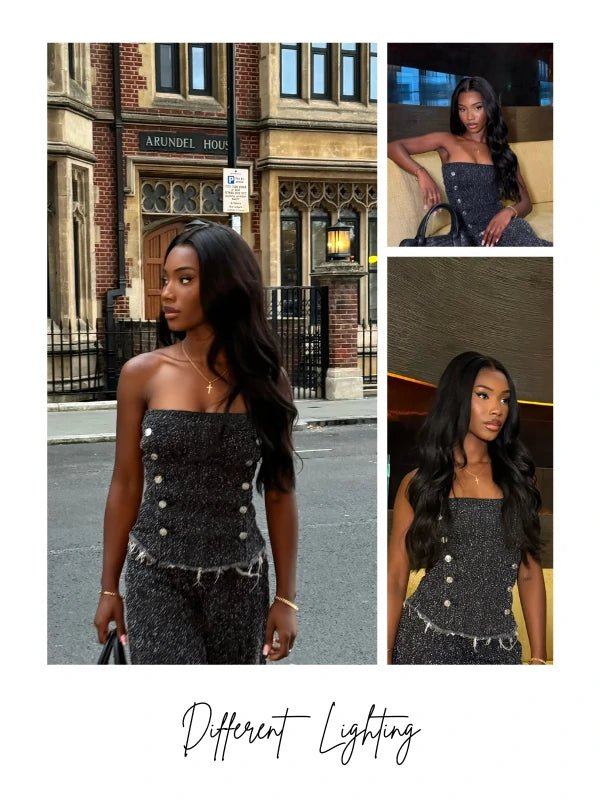 Long black hair wig with light yaki texture, natural look