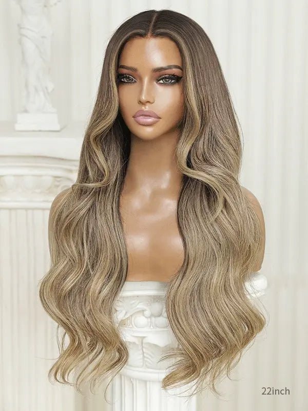 Dark roots blonde hair wig with long layered waves
