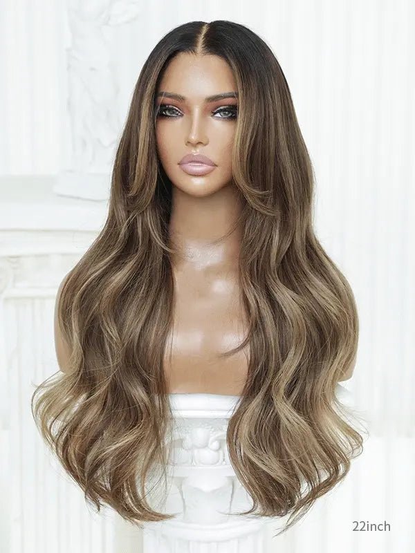 Brown wig with bangs and soft beach waves