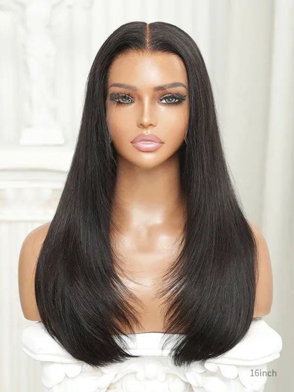 straight human hair wig with layered ends and realistic scalp
