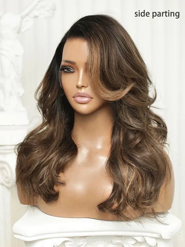 Brown highlight wig with natural dark base and warm tones