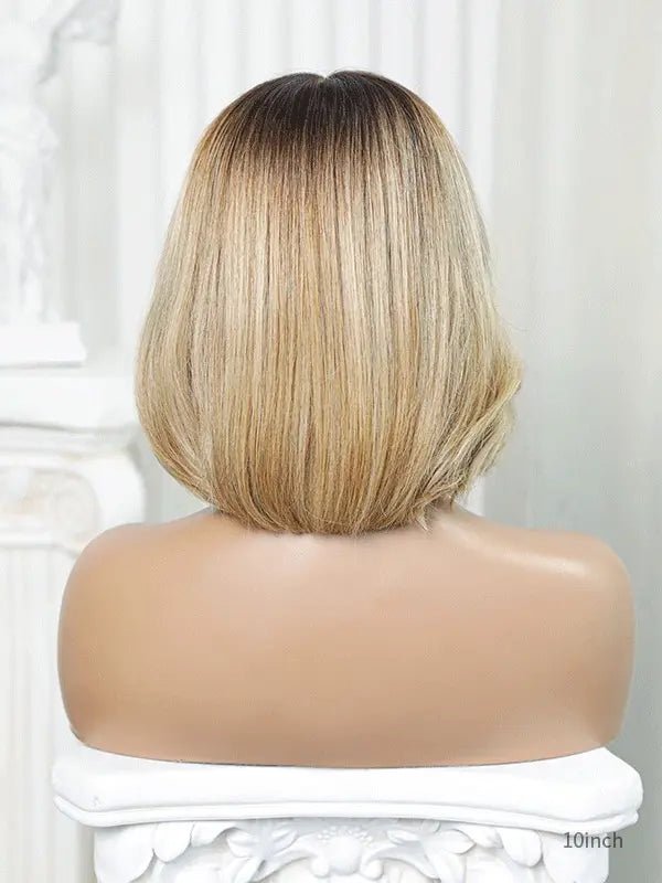 bob cut blonde wig with edgy neck-grazing length