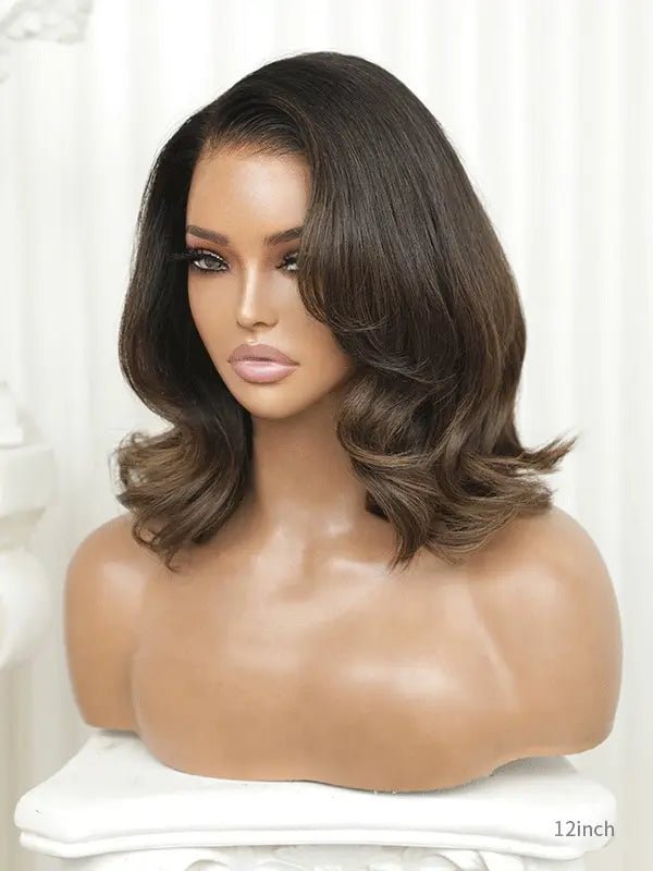 Dark bob wig with rooted ombré for a modern look