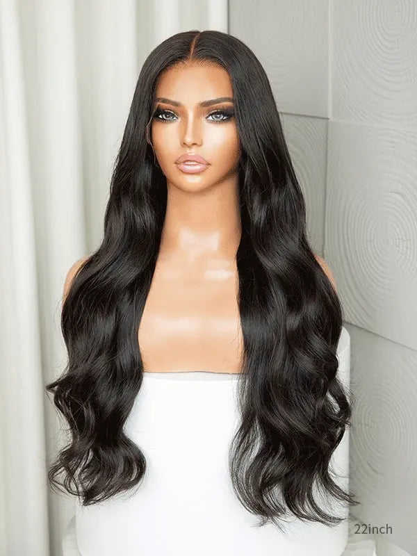 Long black wig with HD lace and fake scalp