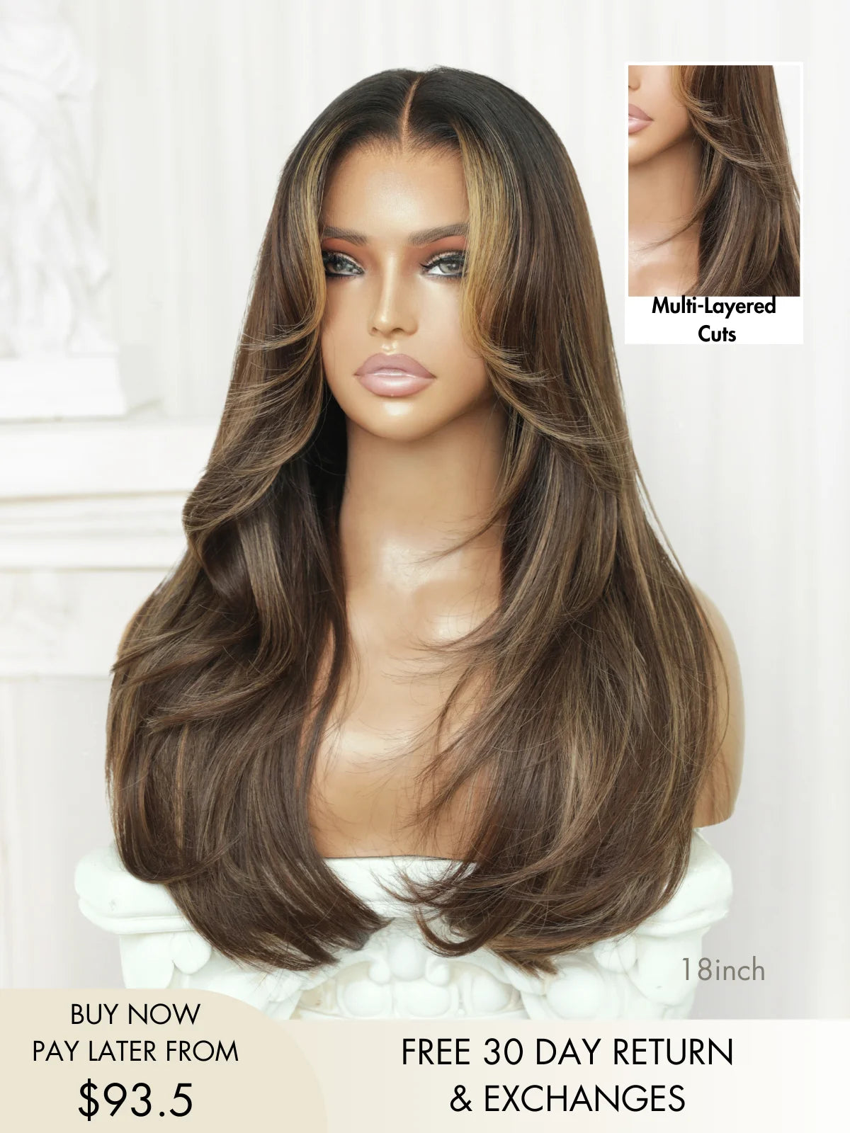 Brown wig with blonde highlights and natural middle part