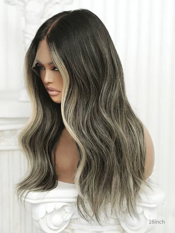 Blonde highlight wig with face-framing streaks and soft curls