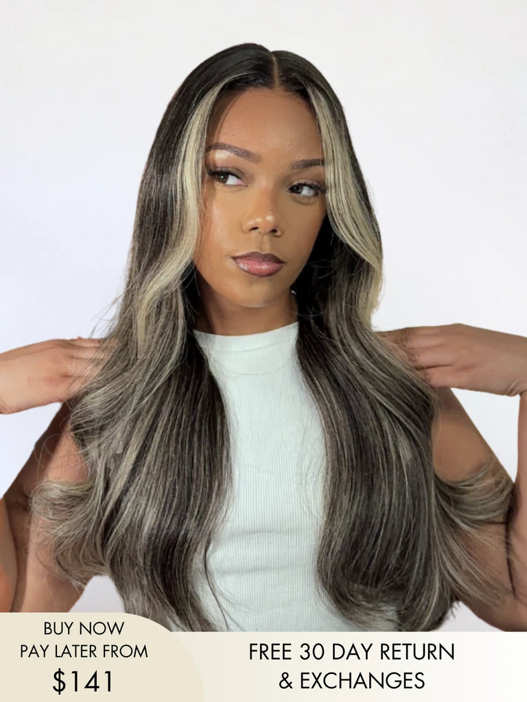 Hattie long ash blonde wig with smokey highlights and waves