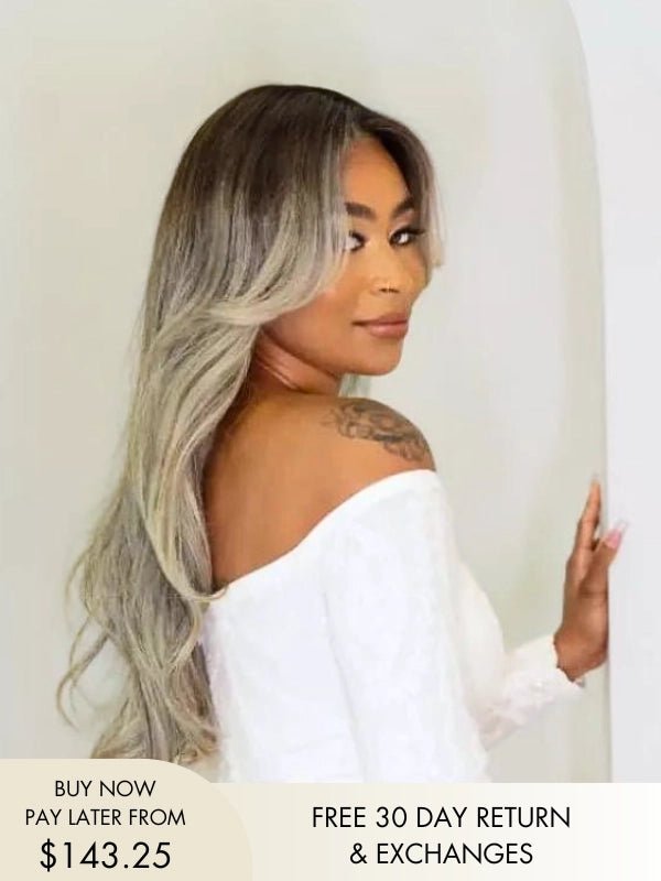 Elle ash blonde wig with bangs and balayage curtain style