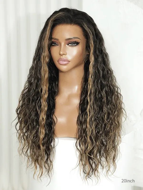Permanent curly wig with face-framing money pieces