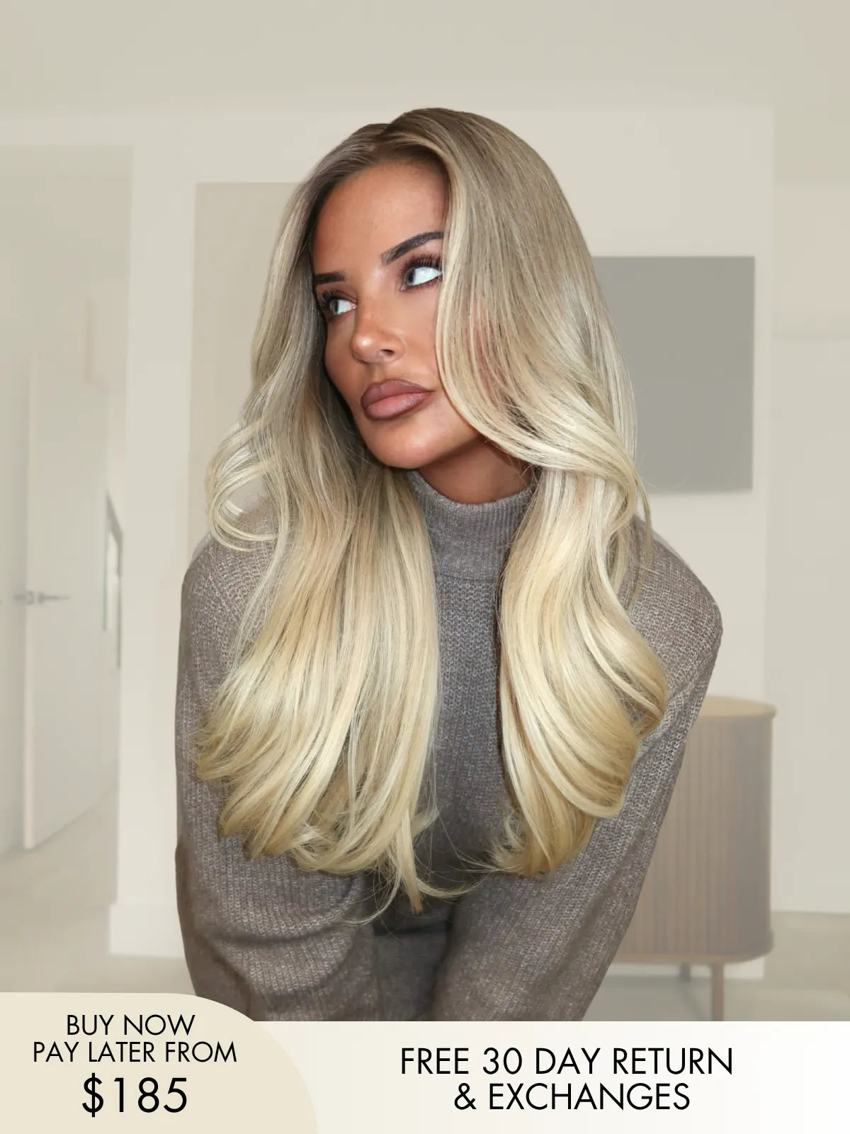 Woman with long blonde hair wig 