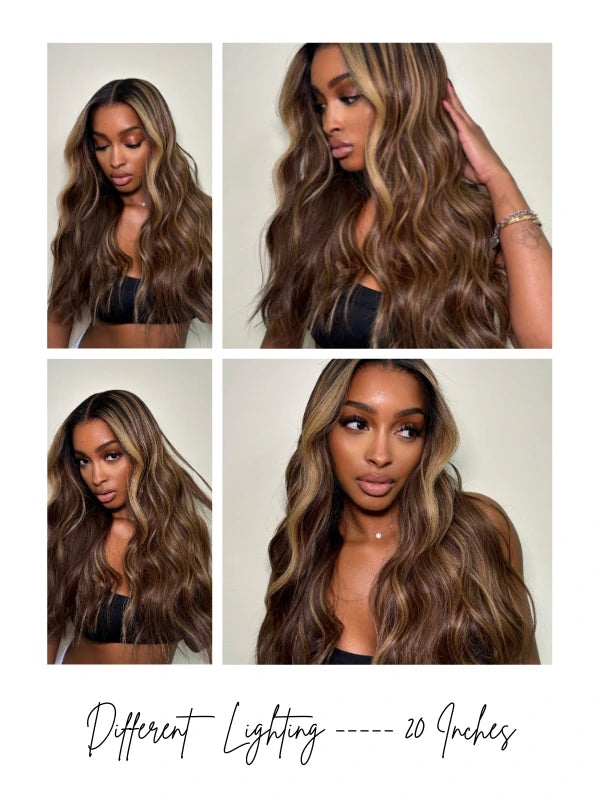 Brown hair long wig featuring sun-kissed highlights