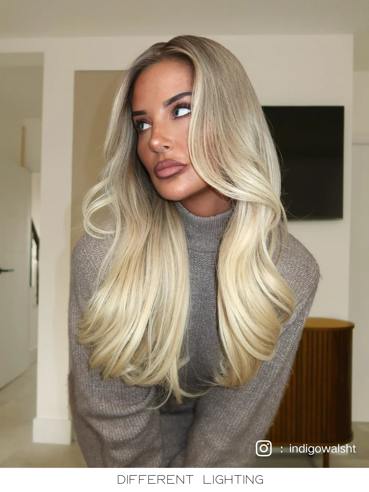 Woman with long blonde hair wig