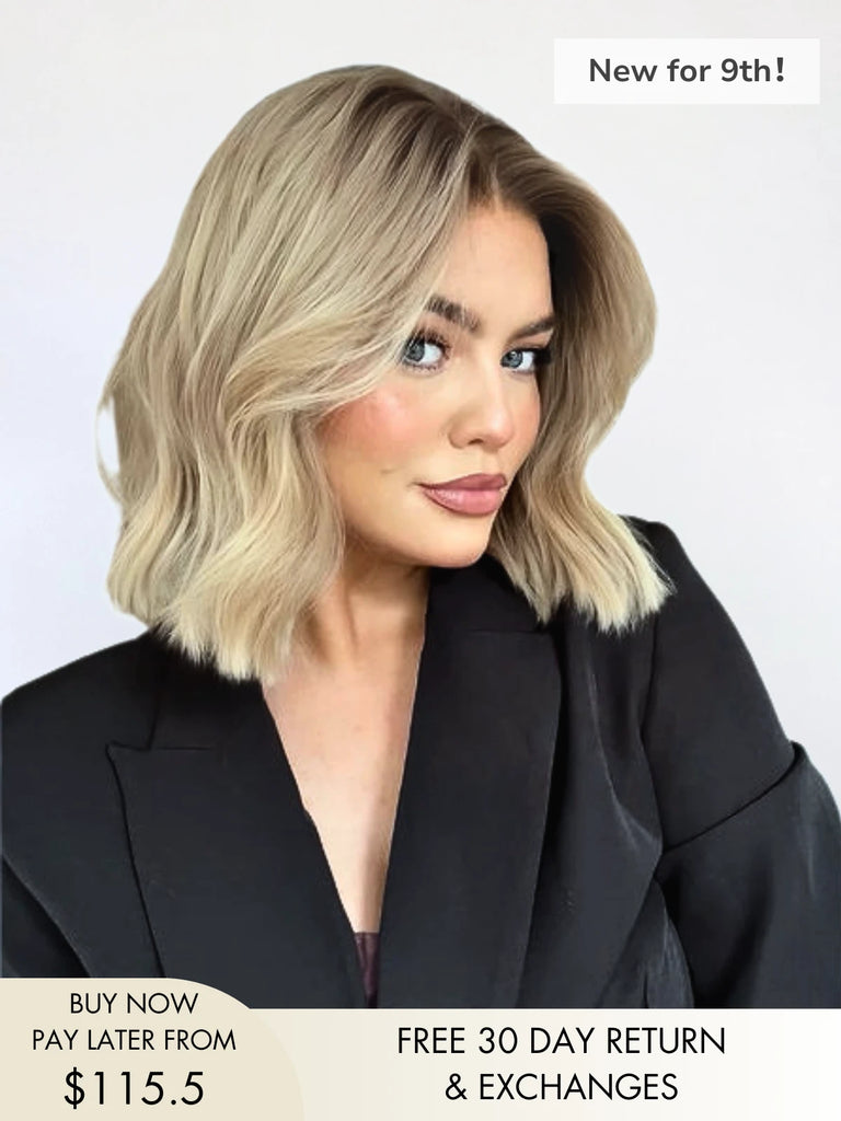 Alannah blunt cut bob wig in creamy blonde with dark roots