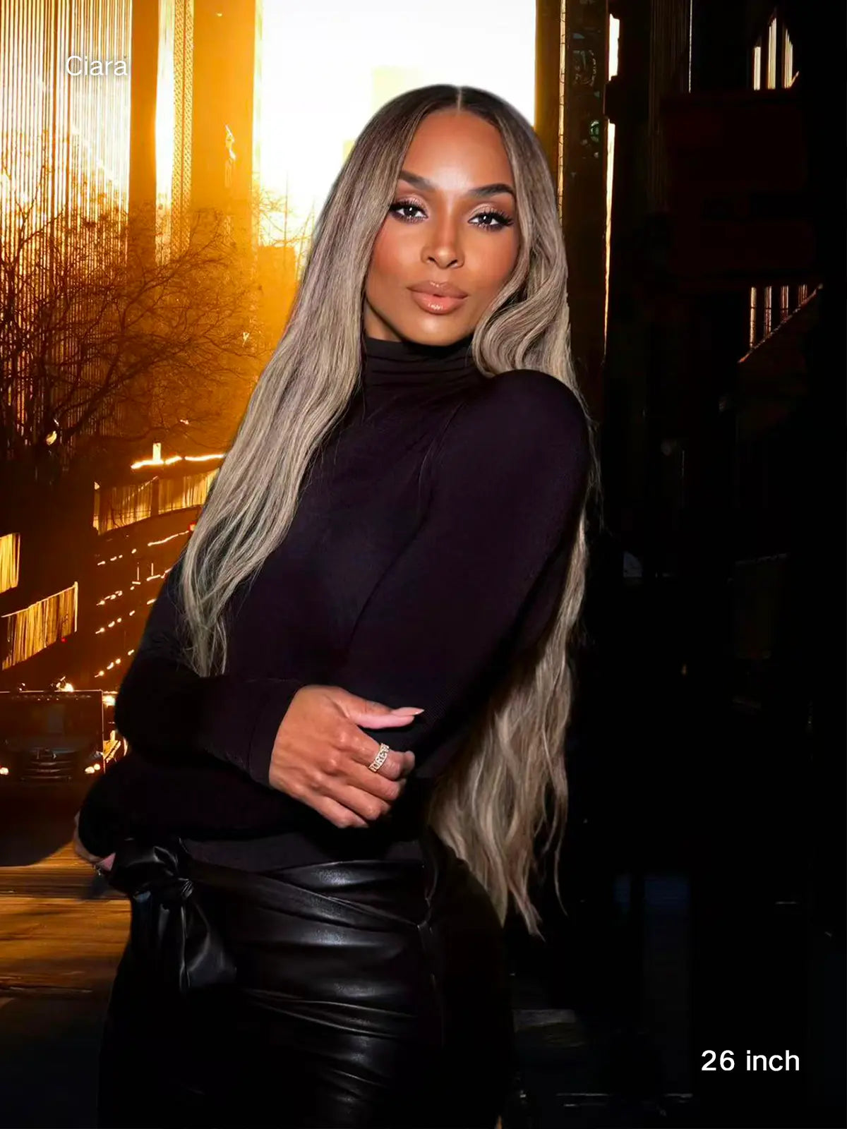 Woman with long hair brown and blonde wig with soft balayage 