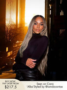 Woman with long hair brown and blonde wig with soft balayage 