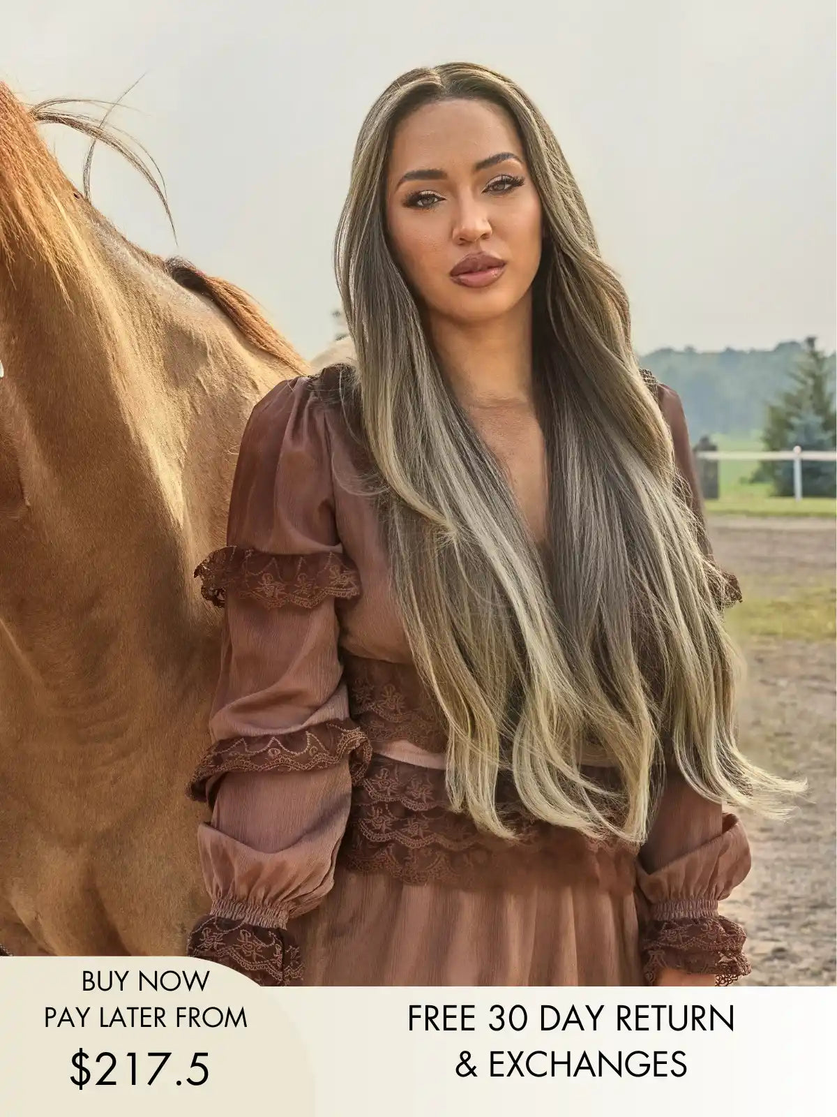 Woman with long hair brown and blonde wig with soft balayage highlights