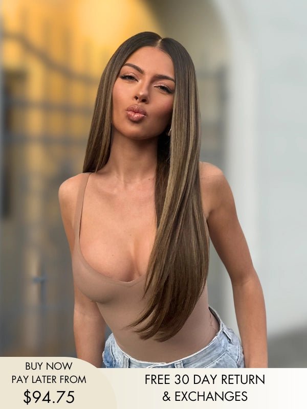 Maire long brown wig with blonde highlights