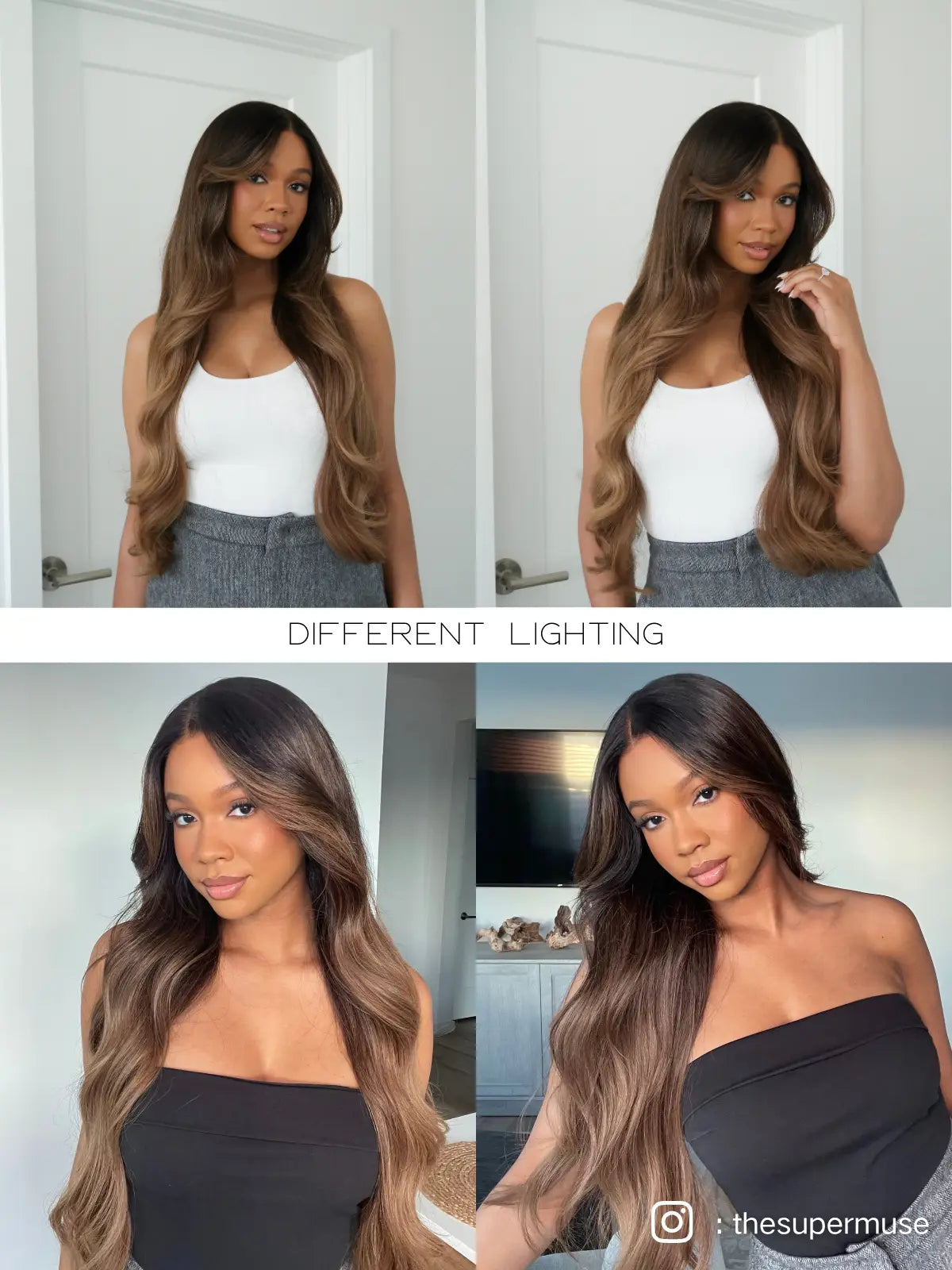 Chocolate brown wig styled with soft balayage highlights