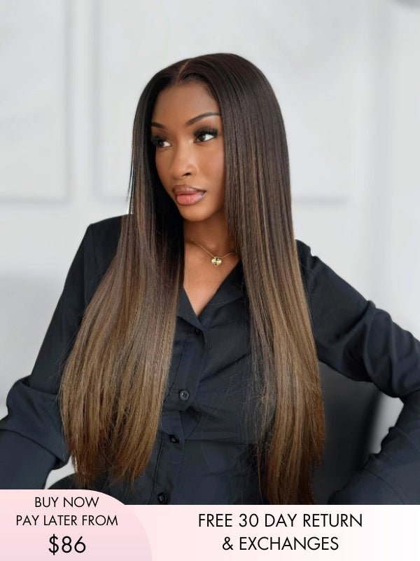 Cecilia Chocolate Brown Ombre Human Hair Wig - A stunning blend of chocolate brown ombre and light brown highlights, ready-to-wear and glueless for a dimensional and glamorous brunette balayage look.