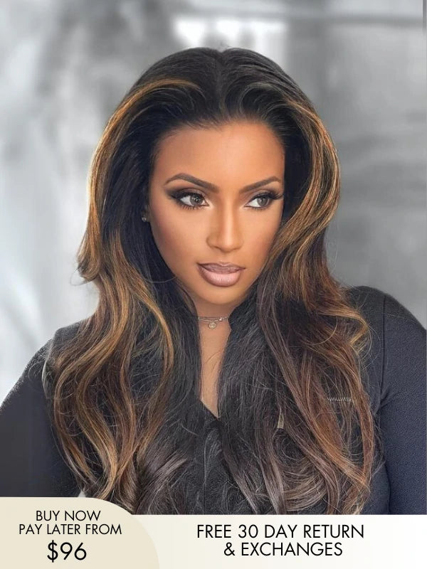 Julia-brown Hair Wig Caramel Highlights 180% Density Wig