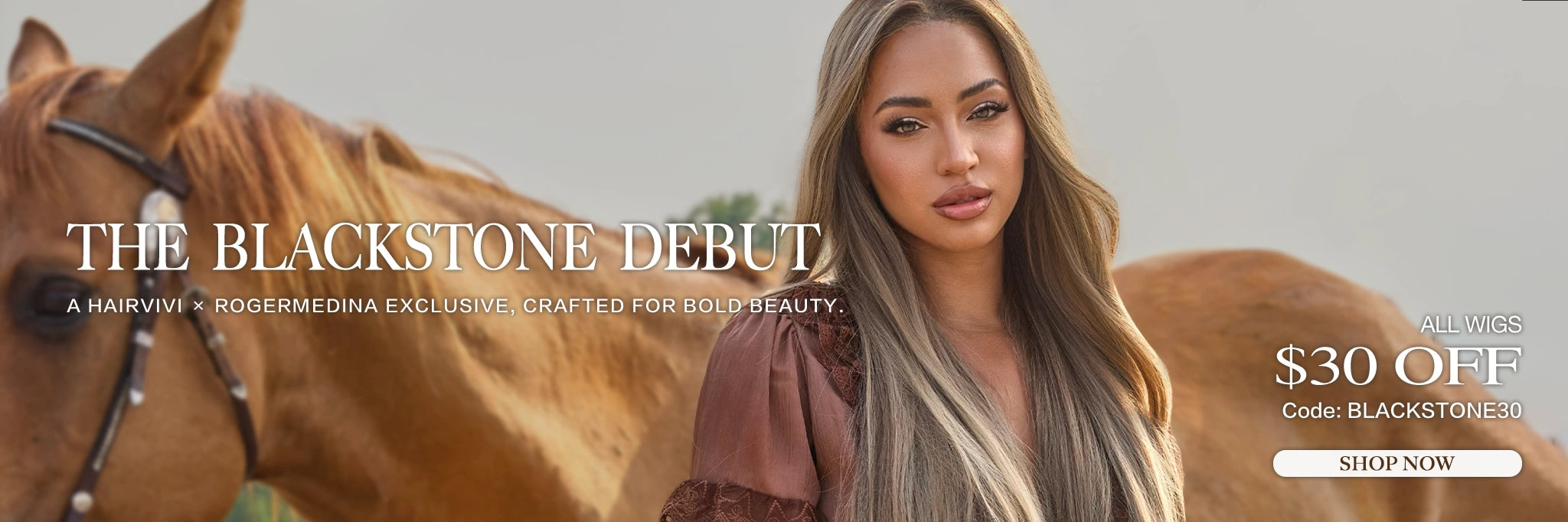 a black women wears a human hair blonde wig, a long length wig from hairvivi x roger medina new collection blackstone