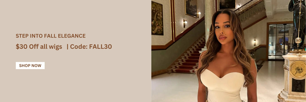 a black women wear a brown human hair wig in a white dress with fall elegance