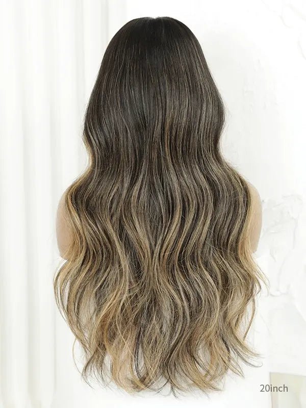 Human hair wig with highlights in sun-kissed brown and blonde